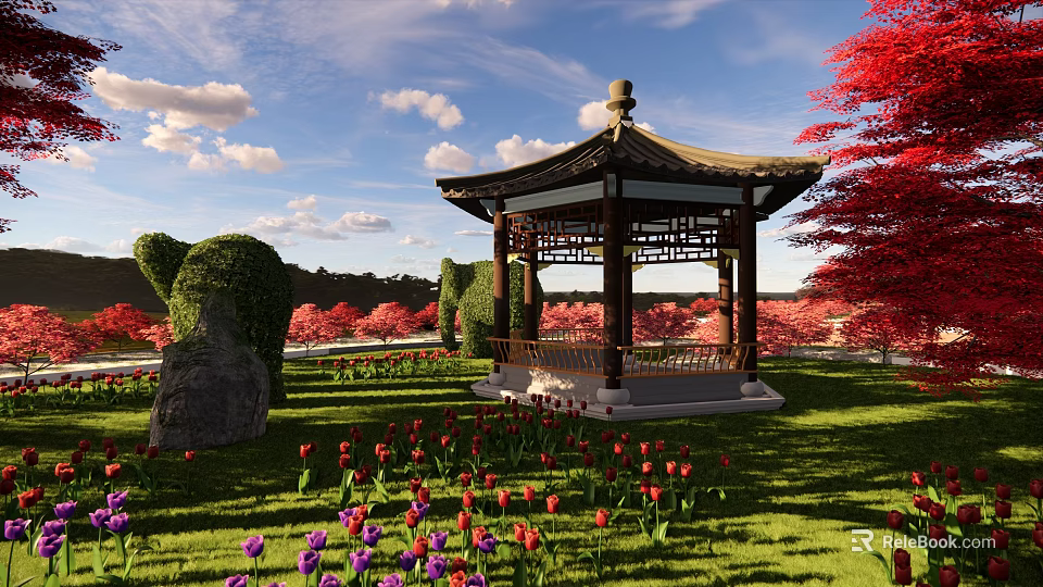 Chinese Pavilion Garden Landscape With Trimmed Hedges Tulip Flowers And Red Trees 3d model 