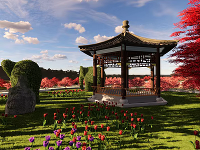 Chinese Pavilion Garden Landscape With Trimmed Hedges Tulip Flowers And Red Trees 3d model