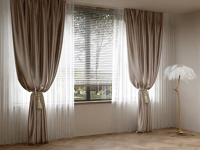 Beige Curtains with Sheer Layers Tied At Sides Window Interior With Feather Floor Lamp 3d model