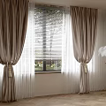 Beige Curtains with Sheer Layers Tied At Sides Window Interior With Feather Floor Lamp