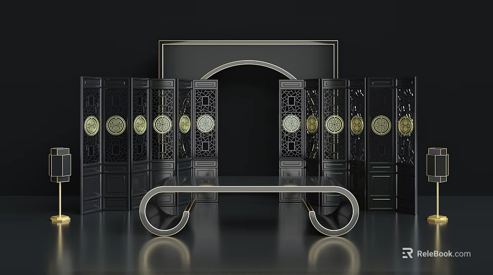 Chinese Style Interior With Black Screens Gold Circular Patterns Arched Frame And Curved Table 3d model 