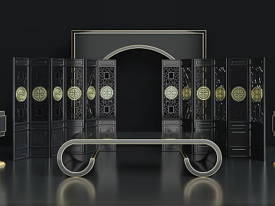 Chinese Style Interior With Black Screens Gold Circular Patterns Arched Frame And Curved Table 3d model