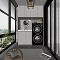 Functional Home Balcony Laundry Area With Washing Machine Dryer Cabinets And Large Window