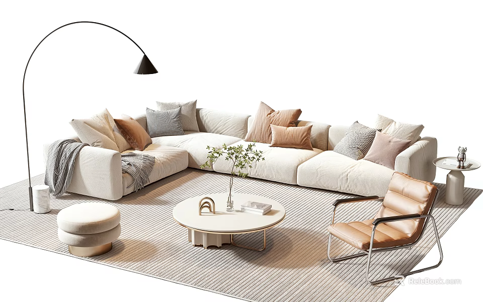 White Sofa and Round Coffee Table Set with Decorative Pillows Leather Chair and Floor Lamp 3d model 
