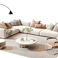 White Sofa and Round Coffee Table Set with Decorative Pillows Leather Chair and Floor Lamp