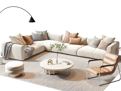 White Sofa and Round Coffee Table Set with Decorative Pillows Leather Chair and Floor Lamp 3d model