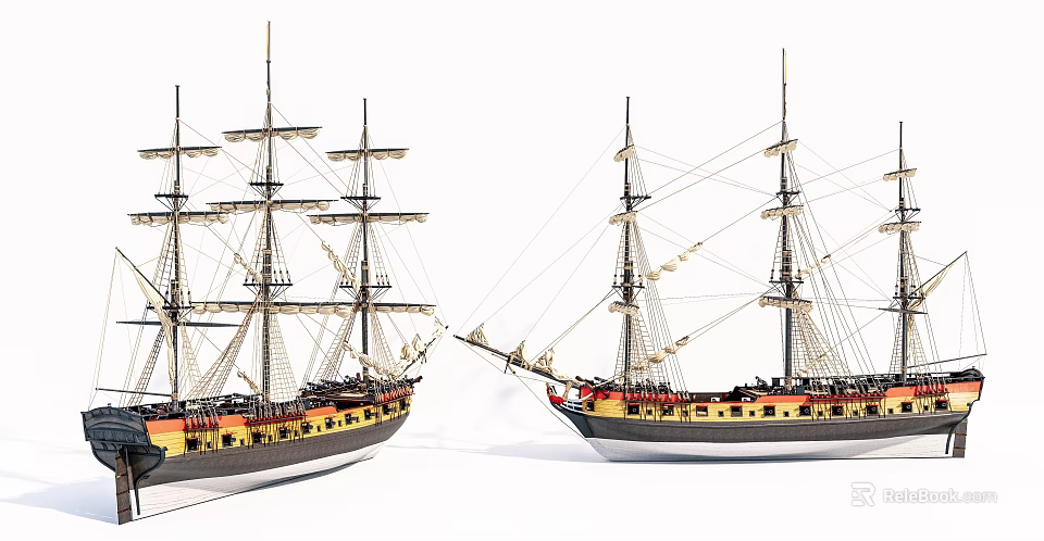 Exquisite Model Sailing Ships With Tall Masts And Black Yellow Hulls On 3d model 