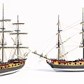 Exquisite Model Sailing Ships With Tall Masts And Black Yellow Hulls On