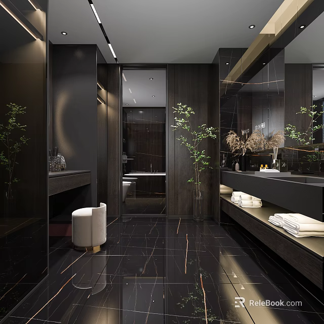 Modern Luxury Dark Tone Bathroom Interior With Glossy Marble Floor And Elegant Green Decor 3d model 