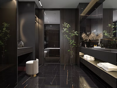 Modern Luxury Dark Tone Bathroom Interior With Glossy Marble Floor And Elegant Green Decor 3d model
