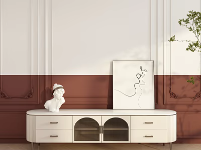 White TV Stand With Drawers Arched Doors Abstract Painting And Statue Against Decorative Walls 3d model