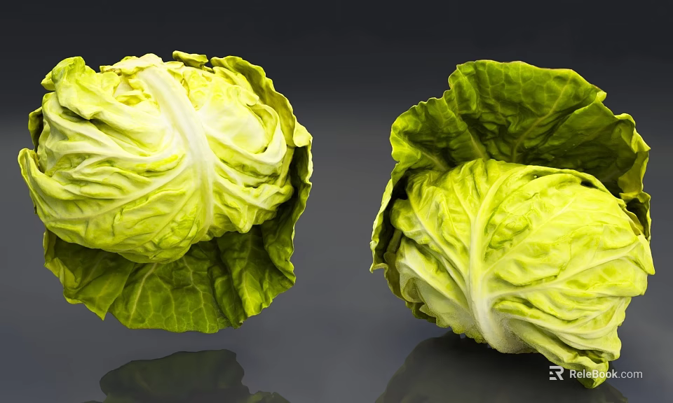 Two Fresh Green Cabbages With Crisp Leaves On Dark Background With Reflection 3d model 