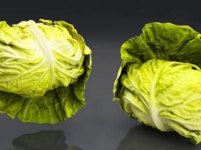 Two Fresh Green Cabbages With Crisp Leaves On Dark Background With Reflection 3d model