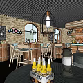 Modern Bar Interior Design With Wooden Bar Counter Stools Sunflower Decorative Wall And Hanging Lights