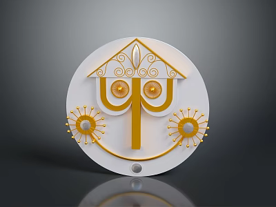 White Circular Furniture Decorative Piece Featuring Golden Ornaments And Sunflower Like Motifs 3d model