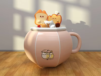 Cute Photo Spot With Pink Cup Cartoon Patterns And Bread Shaped Dolls On Wooden Floor 3d model