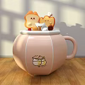 Cute Photo Spot With Pink Cup Cartoon Patterns And Bread Shaped Dolls On Wooden Floor