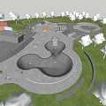 Modern Park Landscape With Skate Park Features Curved Pathways Green Lawns And Trees