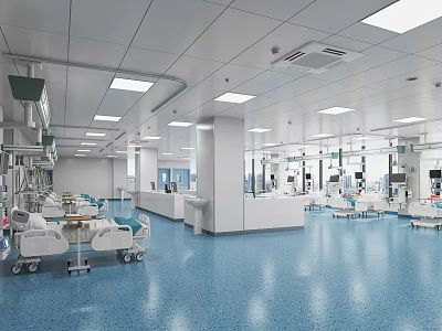 Hospital Outpatient Clinic Interior With White Ceiling Blue Flooring Patient Beds And Medical Equipment 3d model