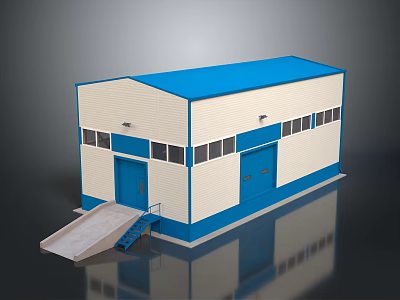 Industrial Warehouse Building With Blue Roof White Walls Windows Blue Doors And Loading Ramp 3d model