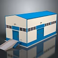 Industrial Warehouse Building With Blue Roof White Walls Windows Blue Doors And Loading Ramp