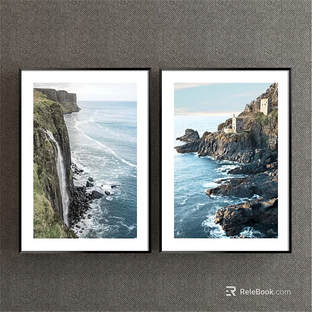 Set of Two Landscape Paintings Featuring Coastal Cliffs Waterfall Castle Ruins and Ocean Waves 3d model 