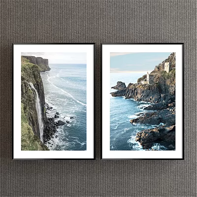 Set of Two Landscape Paintings Featuring Coastal Cliffs Waterfall Castle Ruins and Ocean Waves 3d model