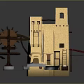 Traditional Earth Toned Building With Tower Large Water Wheel Red Roof And Stone Features