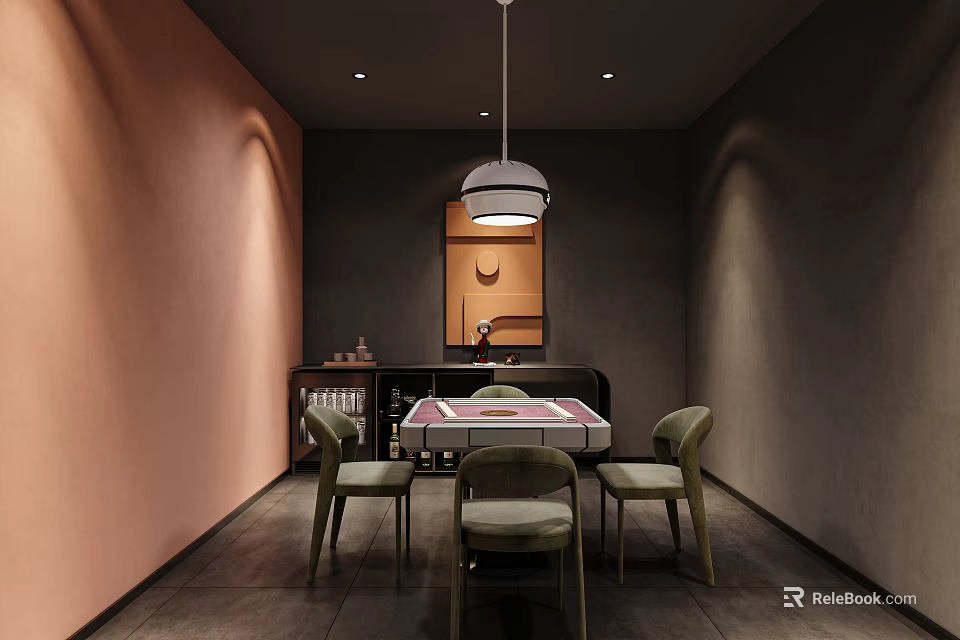 Hotel Mahjong Room Interior Design With Pink Walls Dark Gray Hanging Lamp And Green Chairs 3d model 