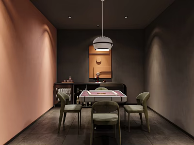 Hotel Mahjong Room Interior Design With Pink Walls Dark Gray Hanging Lamp And Green Chairs 3d model