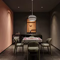Hotel Mahjong Room Interior Design With Pink Walls Dark Gray Hanging Lamp And Green Chairs