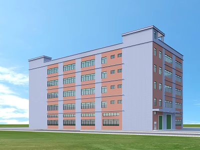 Modern Multi Story Industrial Factory Building With White Orange Exterior And Large Windows 3d model