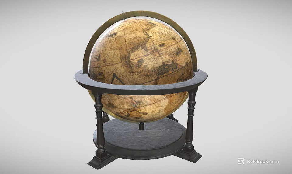 Vintage Globe With Detailed World Map On Wooden Stand And Metal Ring 3d model 