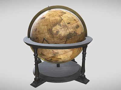 Vintage Globe With Detailed World Map On Wooden Stand And Metal Ring 3d model