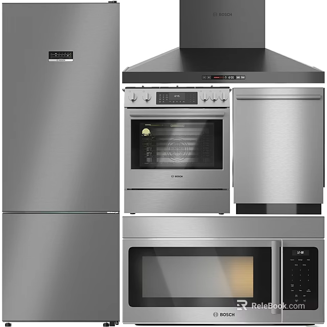 Modern Sleek Kitchen Appliances Stainless Steel Refrigerator Range Hood Oven Microwave 3d model 