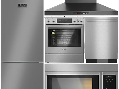 Modern Sleek Kitchen Appliances Stainless Steel Refrigerator Range Hood Oven Microwave 3d model