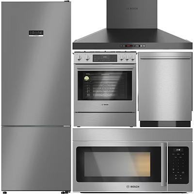 Modern Sleek Kitchen Appliances Stainless Steel Refrigerator Range Hood Oven Microwave 3d model