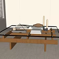 Modern Coffee Table With Glass Top Wooden Frame Books Brown Bowl And Candles On Rug