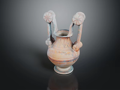 Ancient Ceramic Vase With Two Decorative Handles And Intricate Patterns On Black Reflective Background 3d model