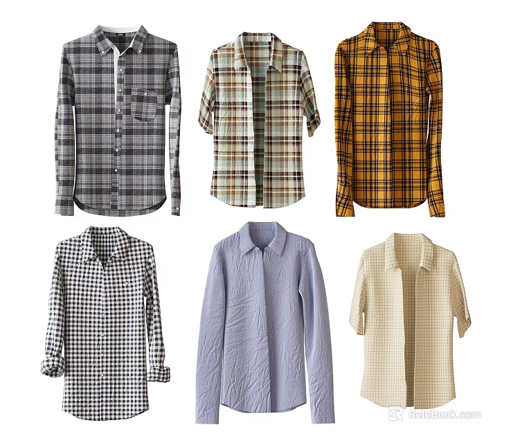 Various Long Sleeve Plaid And Solid Color Cotton Shirts Collection 3d model 
