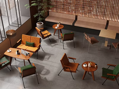 Cozy Café Interior With Wooden Tables Green Chairs And Potted Plant Decor 3d model