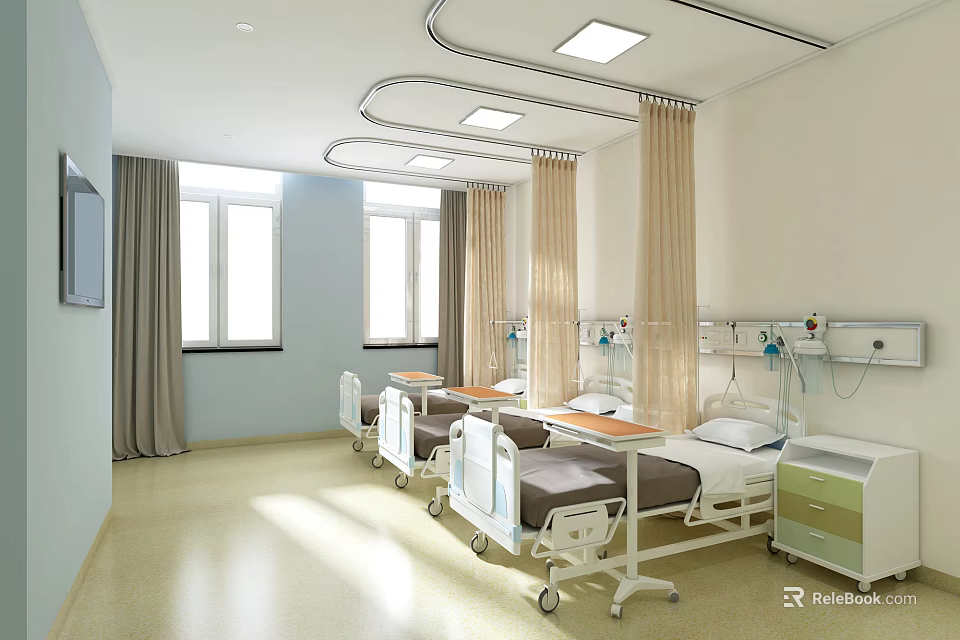 Modern Hospital Ward Interior With Multiple Beds Windows Curtains And Medical Equipment 3d model 