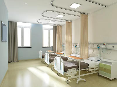 Modern Hospital Ward Interior With Multiple Beds Windows Curtains And Medical Equipment 3d model