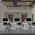 Modern Office Interior Featuring Chinese Elements Pendant Lights Bookshelves Computer Conference Table Chairs Projection Screen