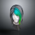 3D Head Model With White Face And Gray Hair Featuring Green Streak