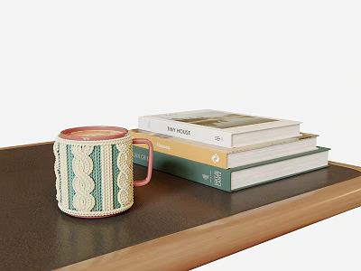 Stack of Books with Colorful Covers and Vintage Mug on Wooden Tray Tabletop 3d model