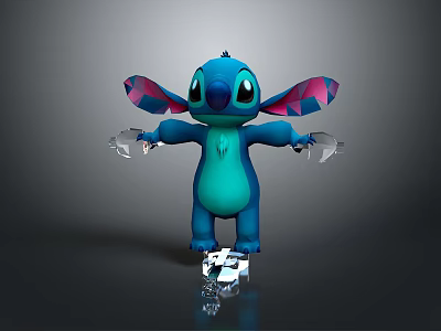 Blue Stitch Animated Game Movie Character With Large Ears Holding Transparent Objects On Cube 3d model