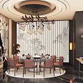 Elegant Modern Restaurant Interior With Wooden Ceiling Chandelier Dining Tables Chairs And Decorative Plants