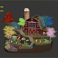 Cartoon Farm Scene With Red Barn White Silo Trees Tractor Sheep And Stream
