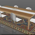 Long Wooden Dining Table With Six White Chairs On Colorful Patterned Rug Interior